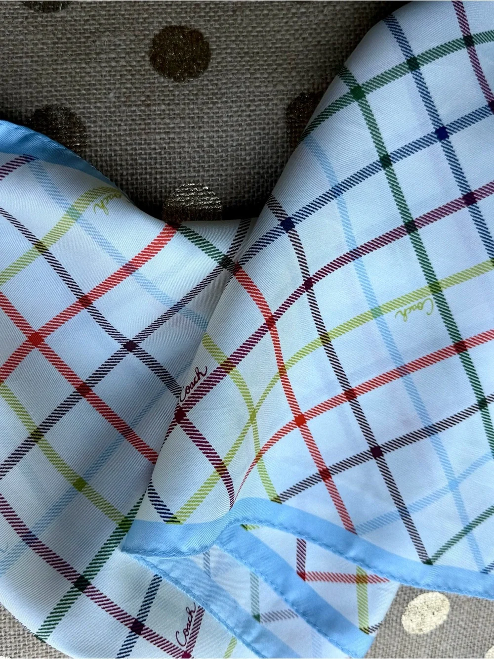 Vintage Coach Women's Tattersall Scarf, Pastel blue Trim, 100% Silk, Oblong ~Y2K